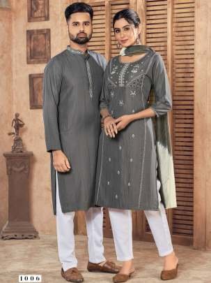 Grey Color Mens And Ladies Kurta Couple Set