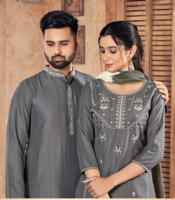 Grey Color Mens And Ladies Kurta Couple Set