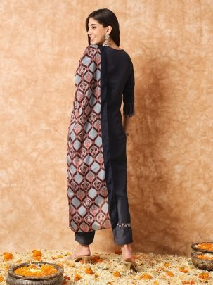 Grey Sequence Embroidered Chinon Kurti Pant Set with Dupatta