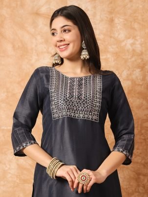 Grey Sequence Embroidered Chinon Kurti Pant Set with Dupatta