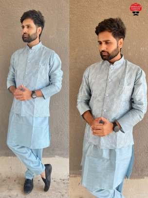 Grey Stylish Banglori Silk Men Kurta Pant With Koti