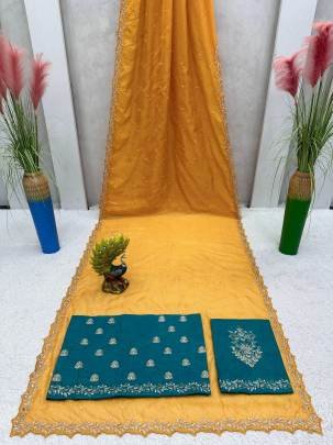 haldi special mustard yellow tebby silk saree with tread and moti work