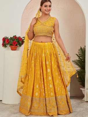 Haldi Special Yellow Dola Silk Embroidered Lehenga Choli