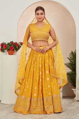 Haldi Special Yellow Dola Silk Embroidered Lehenga Choli