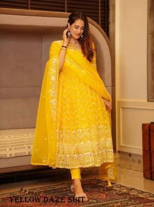 Haldi Special Yellow Tabby Organza Anarkali Dress With Beautiful Embroidery