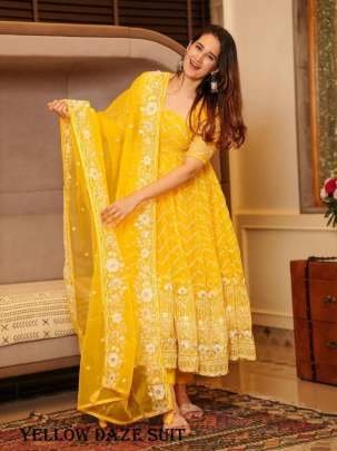 Haldi Special Yellow Tabby Organza Anarkali Dress With Beautiful Embroidery