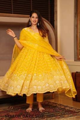 Haldi Special Yellow Tabby Organza Anarkali Dress With Beautiful Embroidery