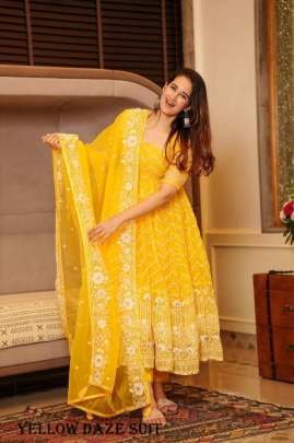 Haldi Special Yellow Tabby Organza Anarkali Dress With Beautiful Embroidery