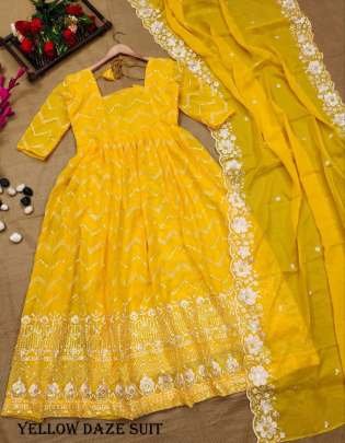 Haldi Special Yellow Tabby Organza Anarkali Dress With Beautiful Embroidery