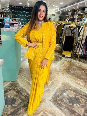 Haldi Wear Bright Yellow Ready To Wear Saree With Jacket