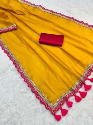 Haldi Wear Shining With Handmade Tasseles Tissue Saree