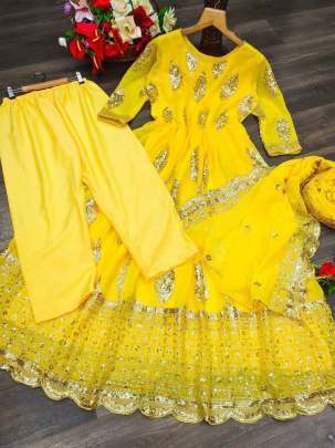 Haldi Wear Yellow Gown Pant Dupatta Set