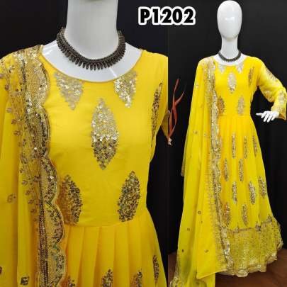 Haldi Wear Yellow Gown Pant Dupatta Set