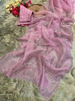 Hand Work Pink Pure Soft Organza Silk Saree