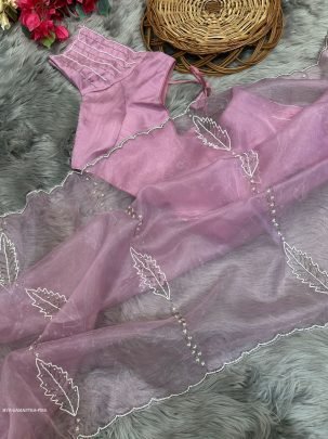 Hand Work Pink Pure Soft Organza Silk Saree