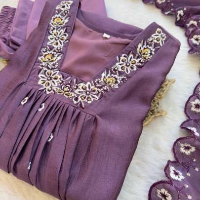 Hand Work Vichitra Silk Party Wear A line Gown Pant With Dupatta Set