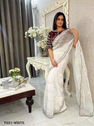 Handwork White Pure Jimmy Choo Satin Saree