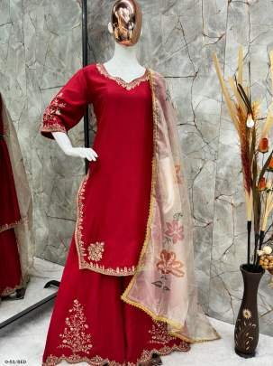 Heavy Chinon Embroidered Red Gharara Suit