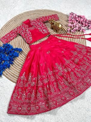 Heavy Chinon Fabric Pink Kids Lehenga blouse   Koti