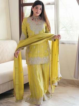 Heavy Chinon Silk Lime Yellow Gharara Suit