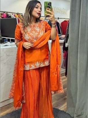 Heavy Chinon Silk Orange Top Sharara Dupatta Set