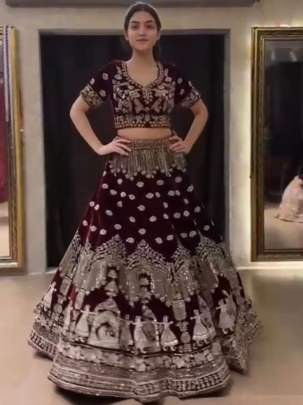 Heavy Coding Sequins Work Brown 9000 Velvet Wedding Lehenga Choli With Dupatta