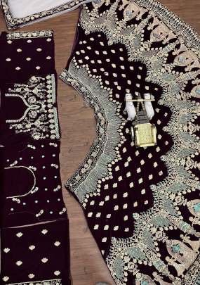 Heavy Coding Sequins Work Brown 9000 Velvet Wedding Lehenga Choli With Dupatta
