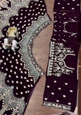 Heavy Coding Sequins Work Brown 9000 Velvet Wedding Lehenga Choli With Dupatta