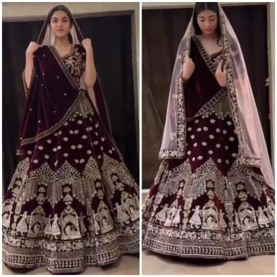 Heavy Coding Sequins Work Brown 9000 Velvet Wedding Lehenga Choli With Dupatta