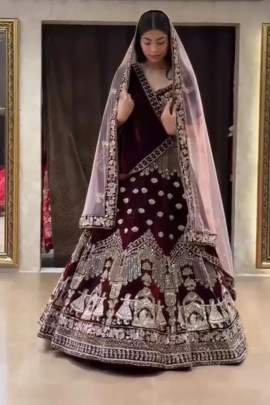 Heavy Coding Sequins Work Brown 9000 Velvet Wedding Lehenga Choli With Dupatta