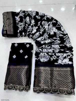 Heavy Dola Silk Black Colour lace Flowers Saree With Blouse