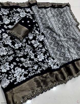 Heavy Dola Silk Black Colour lace Flowers Saree With Blouse