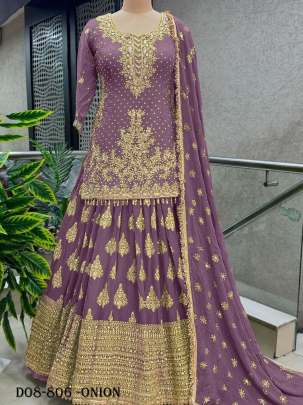 Heavy Embroidered Onion Chinon Silk Peplum Top Lehenga Choli