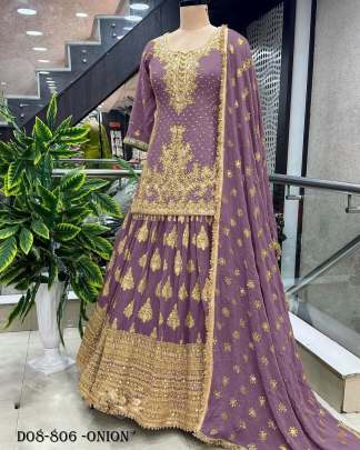 Heavy Embroidered Onion Chinon Silk Peplum Top Lehenga Choli