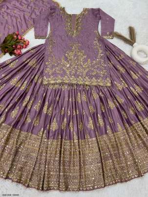 Heavy Embroidered Onion Chinon Silk Peplum Top Lehenga Choli