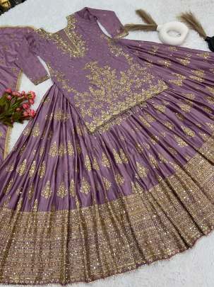 Heavy Embroidered Onion Chinon Silk Peplum Top Lehenga Choli