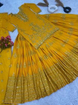 Heavy Embroidered Yellow Chinon Silk Peplum Top Lehenga Choli