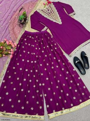 Heavy Embroidery Sequence Work Purple Kurti Palazo And Dupatta Set