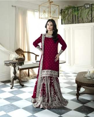 Heavy Embroidery Sequence Work Red Gharara Suit