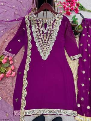 Heavy Embroidery Sequence Work Purple Kurti Palazo And Dupatta Set