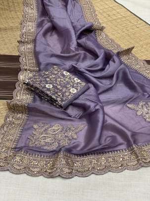 Heavy Embroidery Work Purple Tissue Saree