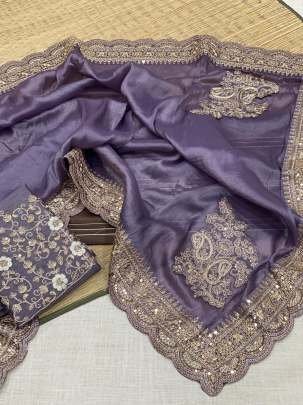 Heavy Embroidery Work Purple Tissue Saree