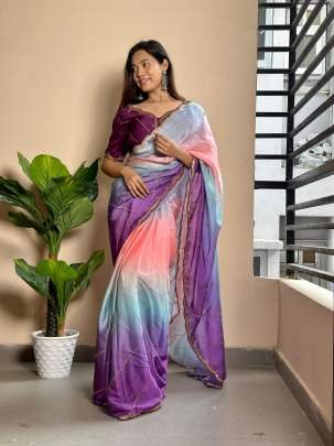 Heavy Embroidery Work Wine Colour Georgette Satin Saree