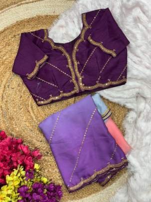 Heavy Embroidery Work Wine Colour Georgette Satin Saree