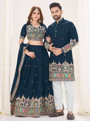 Heavy Georgette Silk Navy Blue Lehenga Choli And Kurta Set