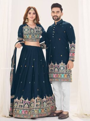 Heavy Georgette Silk Navy Blue Lehenga Choli And Kurta Set