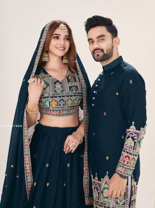 Heavy Georgette Silk Navy Blue Lehenga Choli And Kurta Set