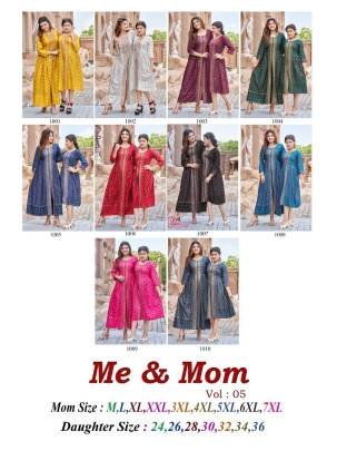 Heavy Rayon Gold Foil Print Wine Mother Daughter Kurti Combo Set