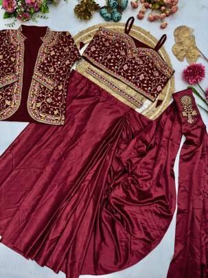 Heavy Satin Silk Maroon Ready To Wear Saree With Jacket