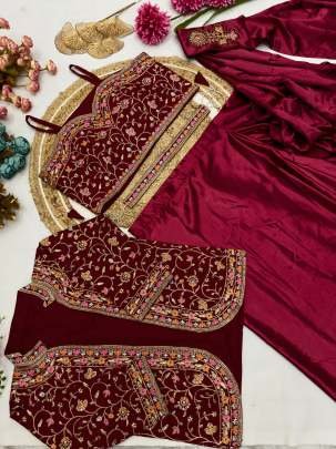 Heavy Satin Silk Maroon Ready To Wear Saree With Jacket